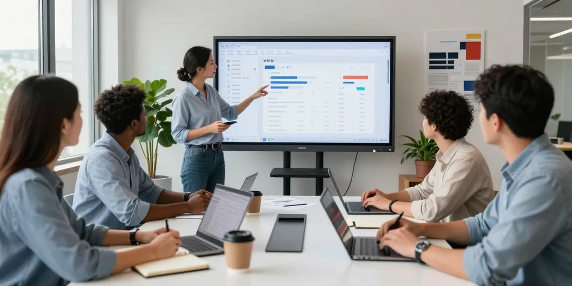 Team collaboration using WPS Official Website in a modern office, showcasing innovative software tools.