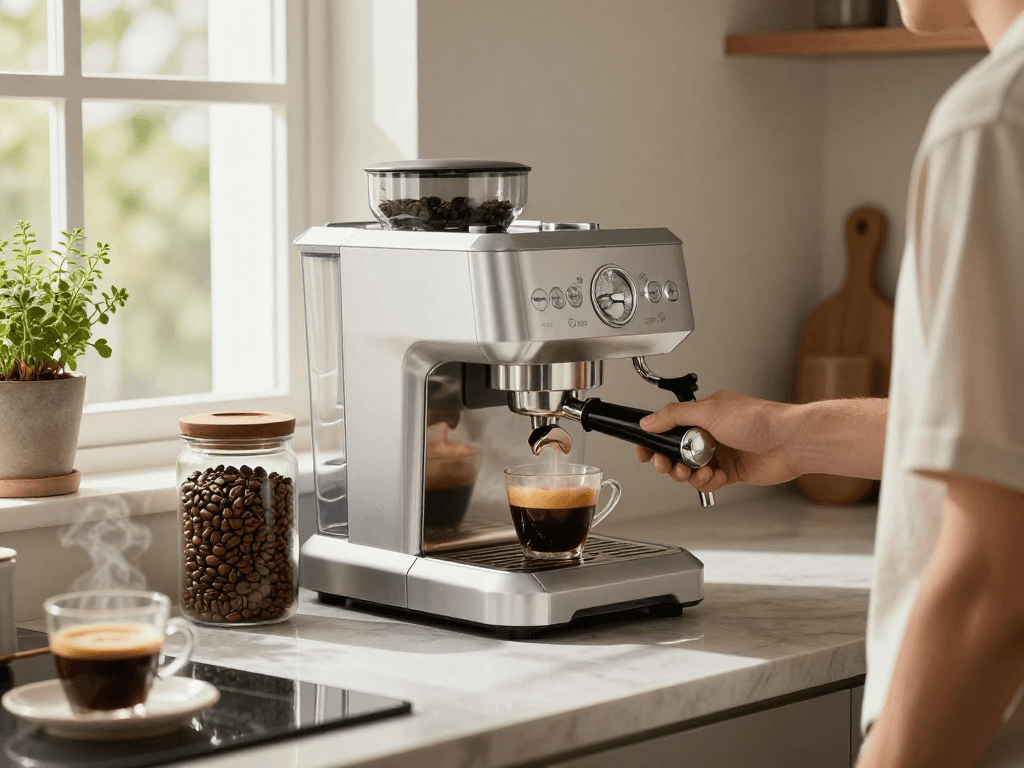 Expertly brewed espresso with ROKOK88 at https://januscoffee.com in a stylish kitchen setting.