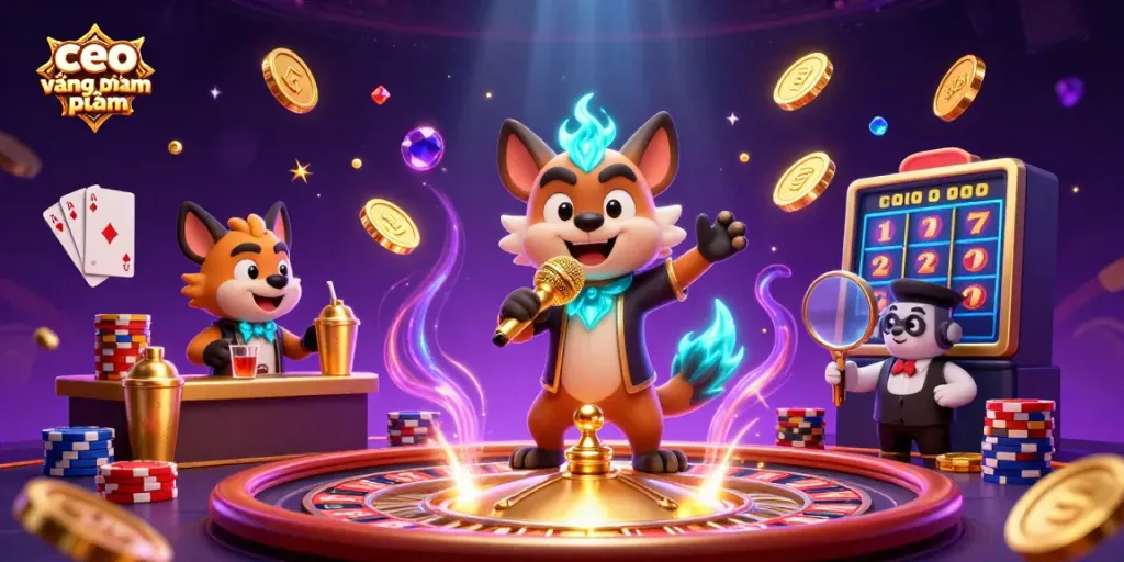 Engaging scene where ceo vương phạm entertains at a lively comedy casino with gold coins abound.