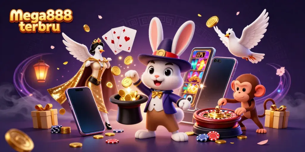 Engage with mega888 terbaru as a charming magician rabbit conjures coins, gaming elements scattered around.