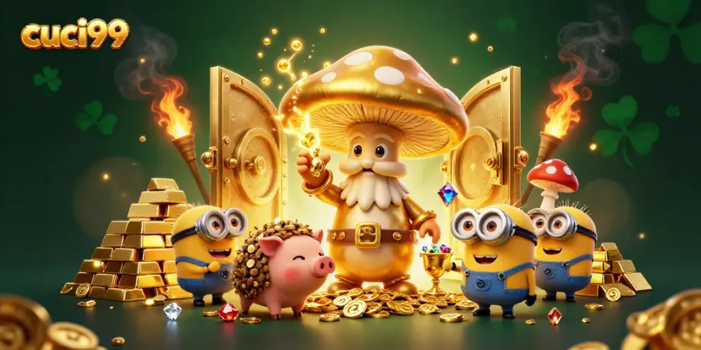 Engage with cuci99's vibrant gaming experience through a magical illustration, showcasing treasure elements and characters.