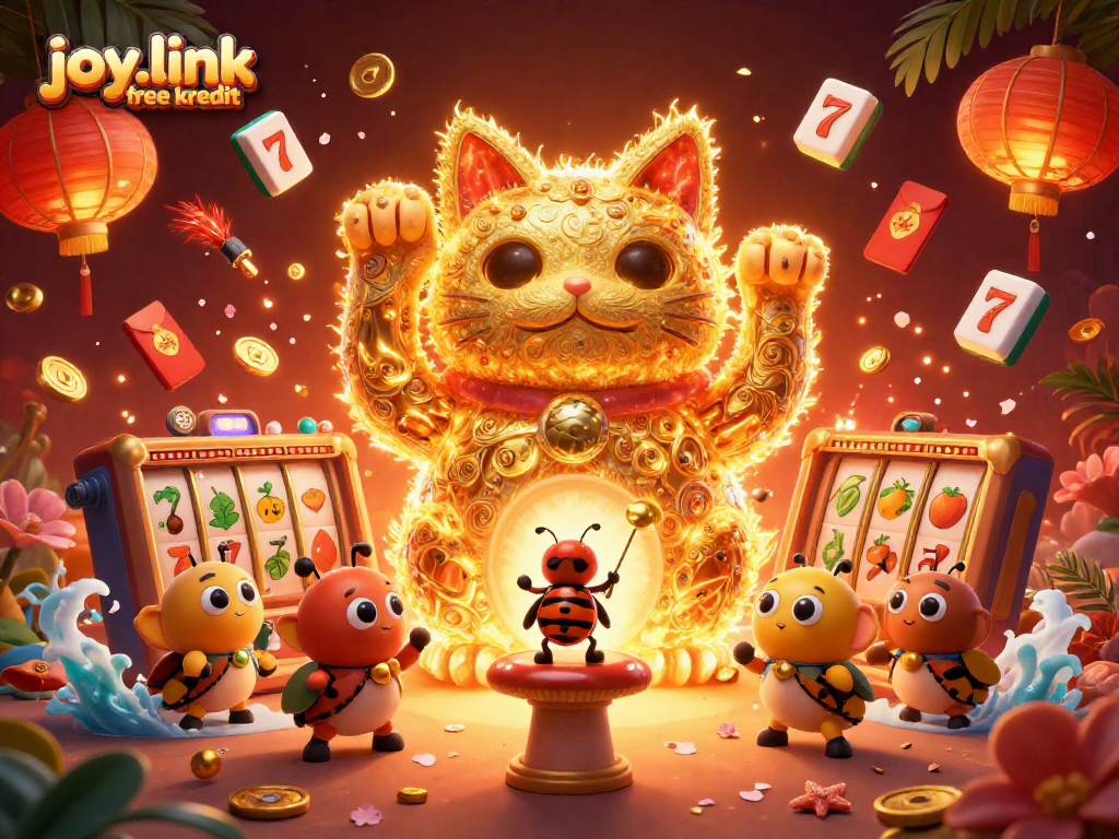 Win big with joy.link free kredit in this vibrant 3D casino illustration featuring a lucky cat and dynamic slot elements.