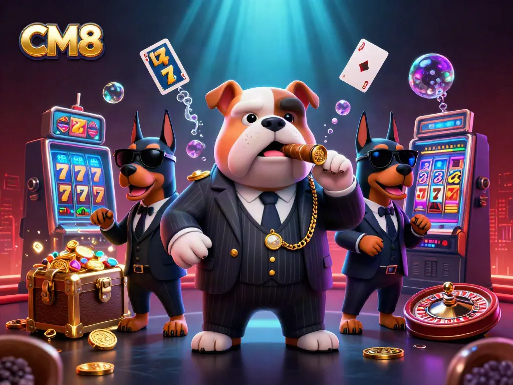 Experience thrilling gameplay with CM8's energetic casino scene featuring mafia boss and slot machines.