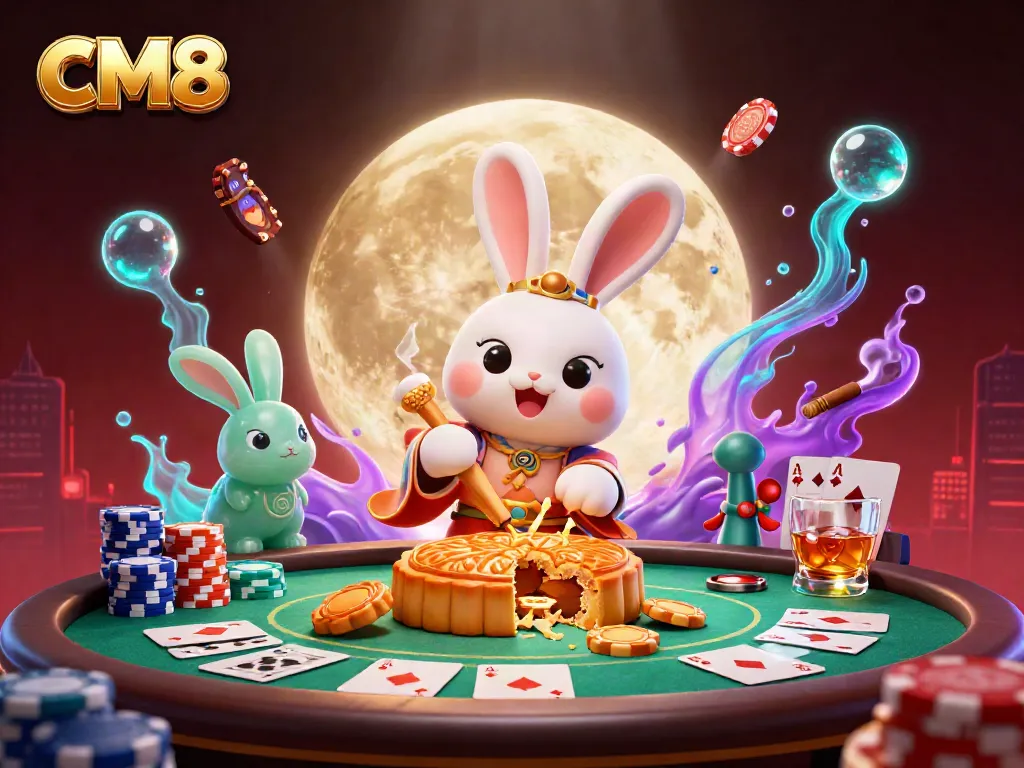Experience CM8's vibrant moon casino scene with poker chips and festive mooncakes.