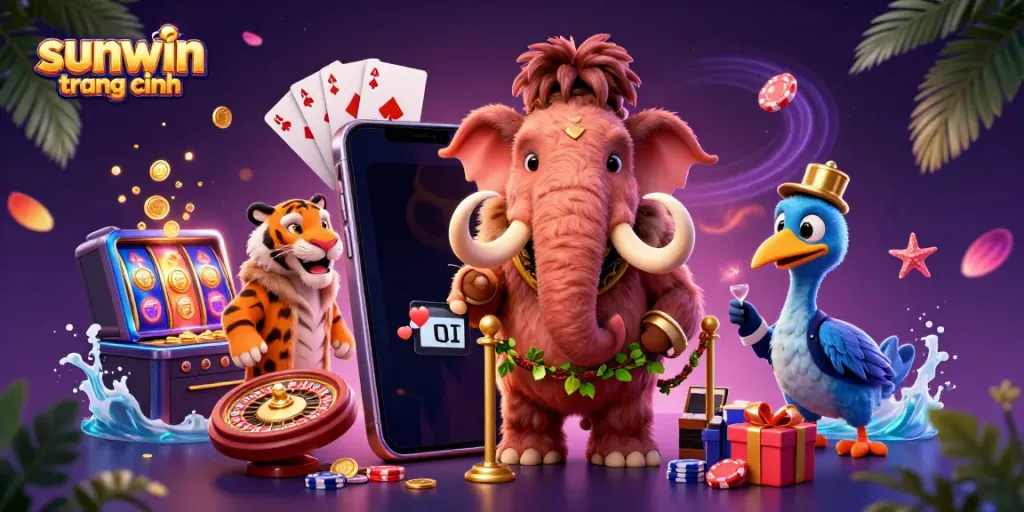 Experience the excitement of sunwin trang chính with a vibrant casino scene featuring a mammoth bouncer and vivid game elements.