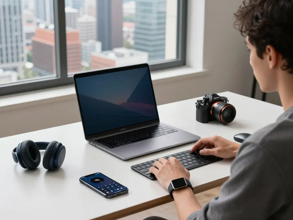Showcasing affordable tech gadgets in a modern workspace, highlighting Bluetooth devices and productivity tools.