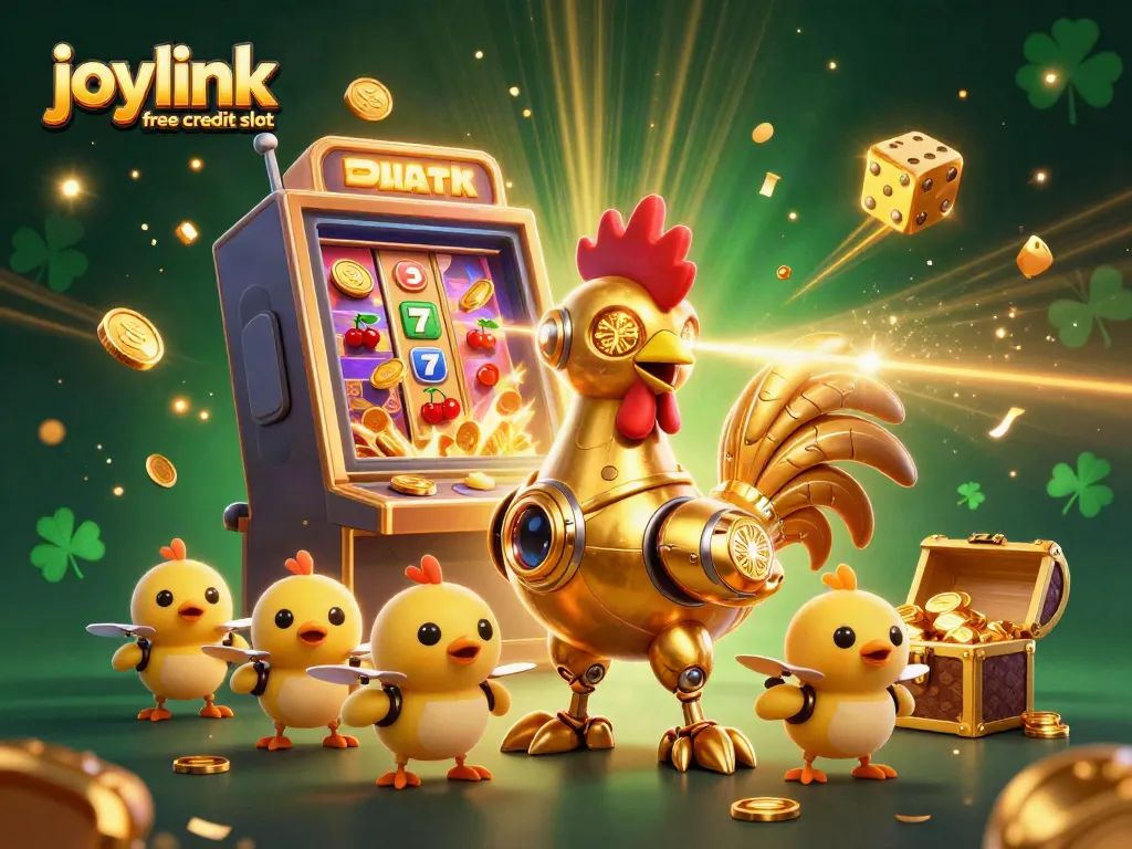 Engage with joylink free credit slot in this vibrant 3D scene featuring dynamic casino elements.