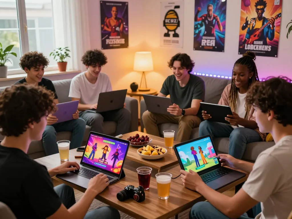 Friends enjoying gay porn games together on various devices, featuring vibrant graphics and a cozy atmosphere.