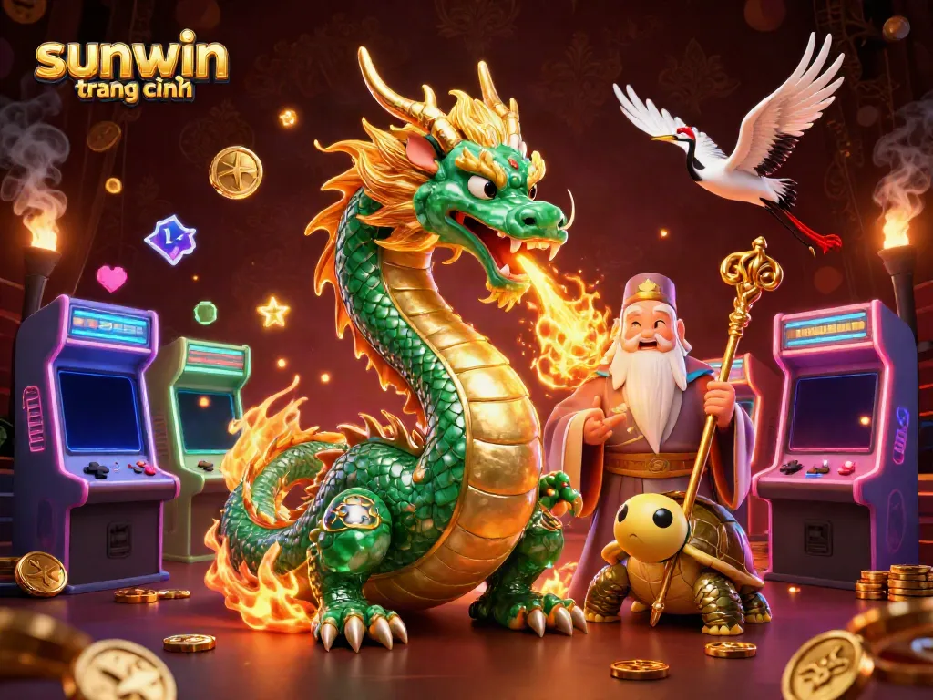 Engage with sunwin trang chính through a vibrant 3D illustration showcasing a jade dragon, cartoon sage, and lucky cranes in a casino-themed setting.