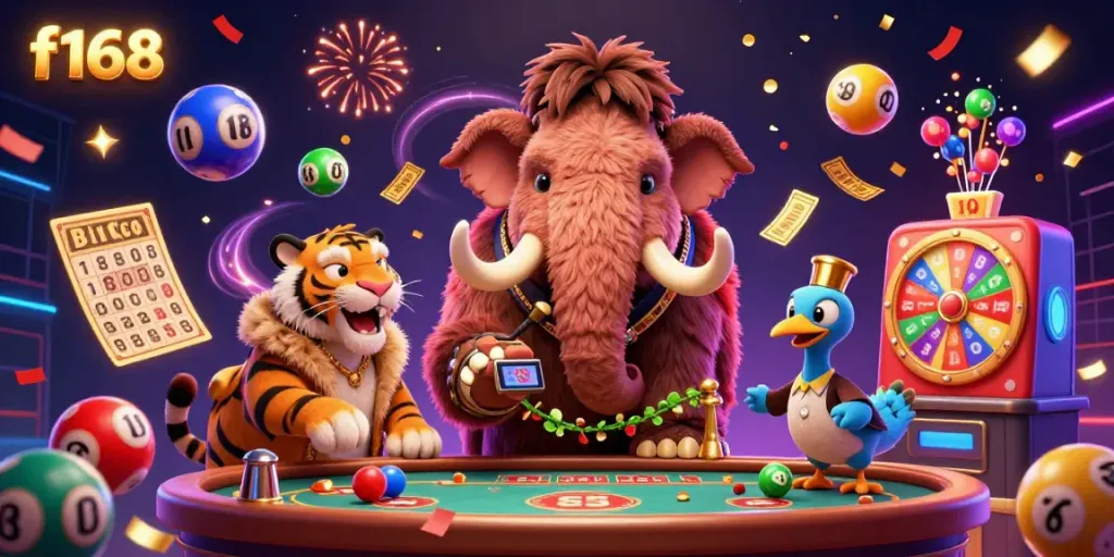 Engage with f168's lively casino scene featuring a woolly mammoth bouncer and carnival elements.