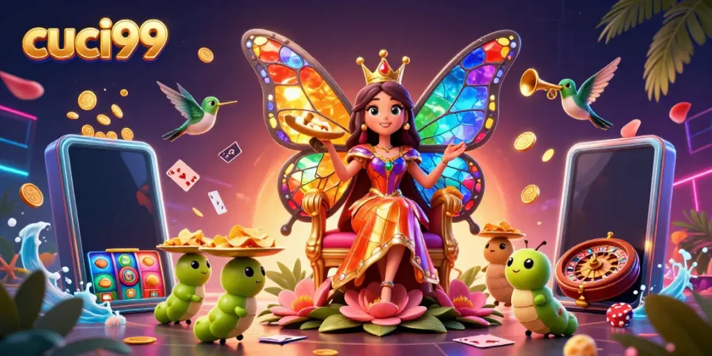 Cuci99 presents vibrant casino games with a butterfly queen and golden chip trays, showcasing their brand.