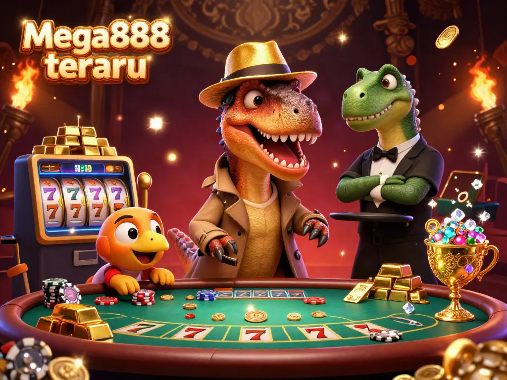 Mega888 terbaru brings thrilling casino action with a velociraptor card counter and treasures in a vibrant illustration.