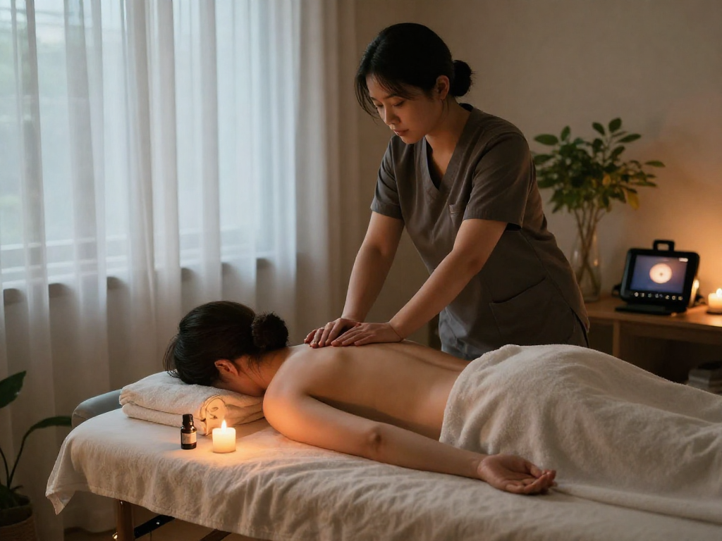 길동출장마사지 session with a therapist providing a calming experience in a peaceful home setting.