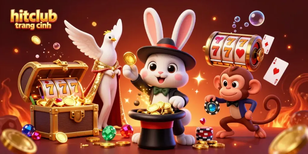 Experience the thrill of gaming at hitclub trang chính with a magical casino scene featuring enchanted characters and vibrant game elements.