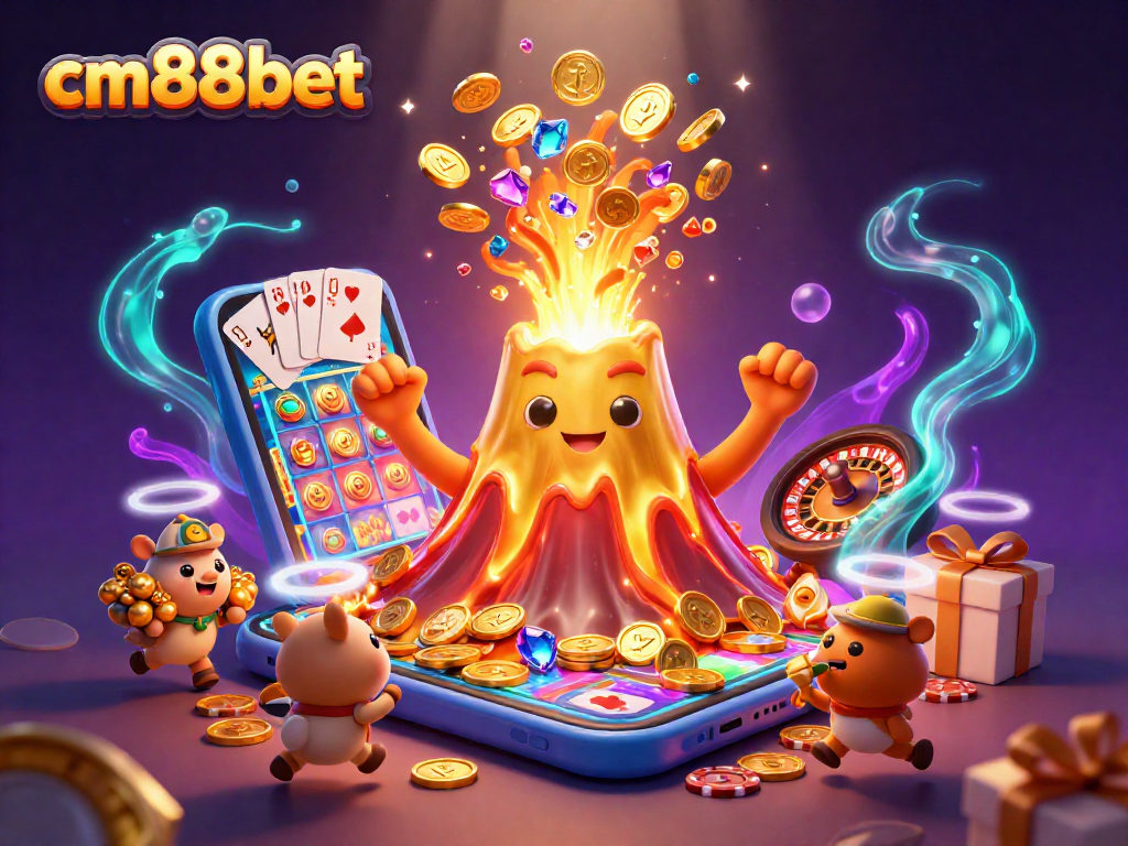 Experience the thrill of cm88bet with dynamic 3D illustration showcasing a golden volcano erupting coins and treasures.