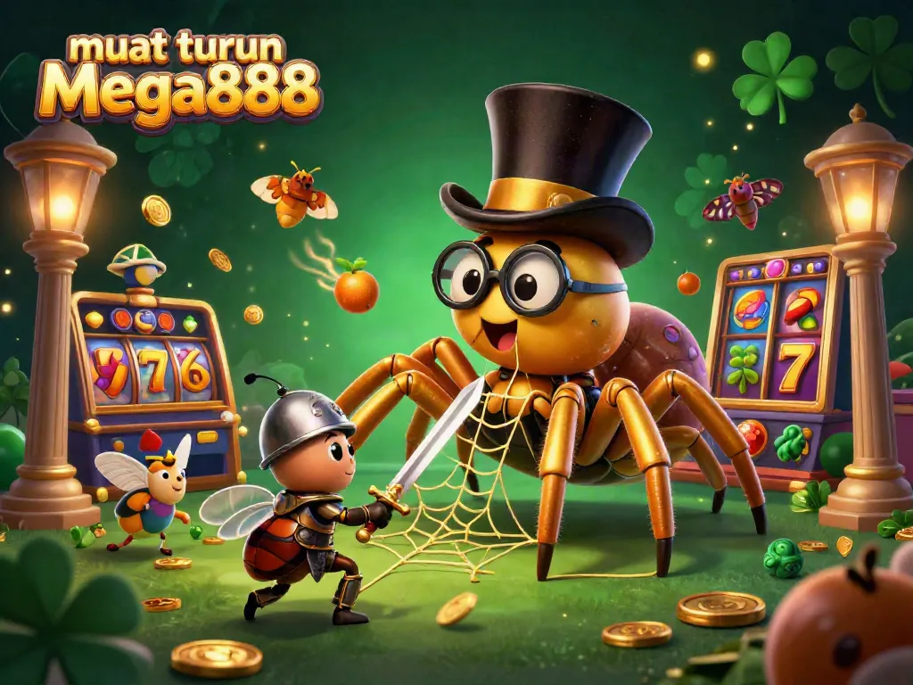 Engage with muat turun mega888 through a vibrant casino scene featuring a golden tarantula weaving webs among exciting slot games.