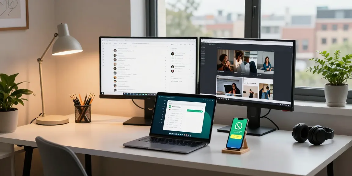 Young professional using WhatsApp電腦版 in a modern home office, showcasing productivity.