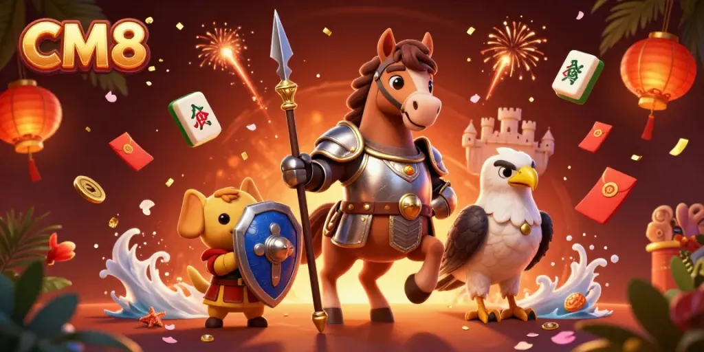 Experience thrilling gameplay at CM8 with a vibrant casino-themed illustration filled with dynamic elements.