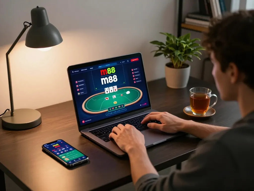 Engaging experience with m88 link displayed on a laptop for online casino gaming.