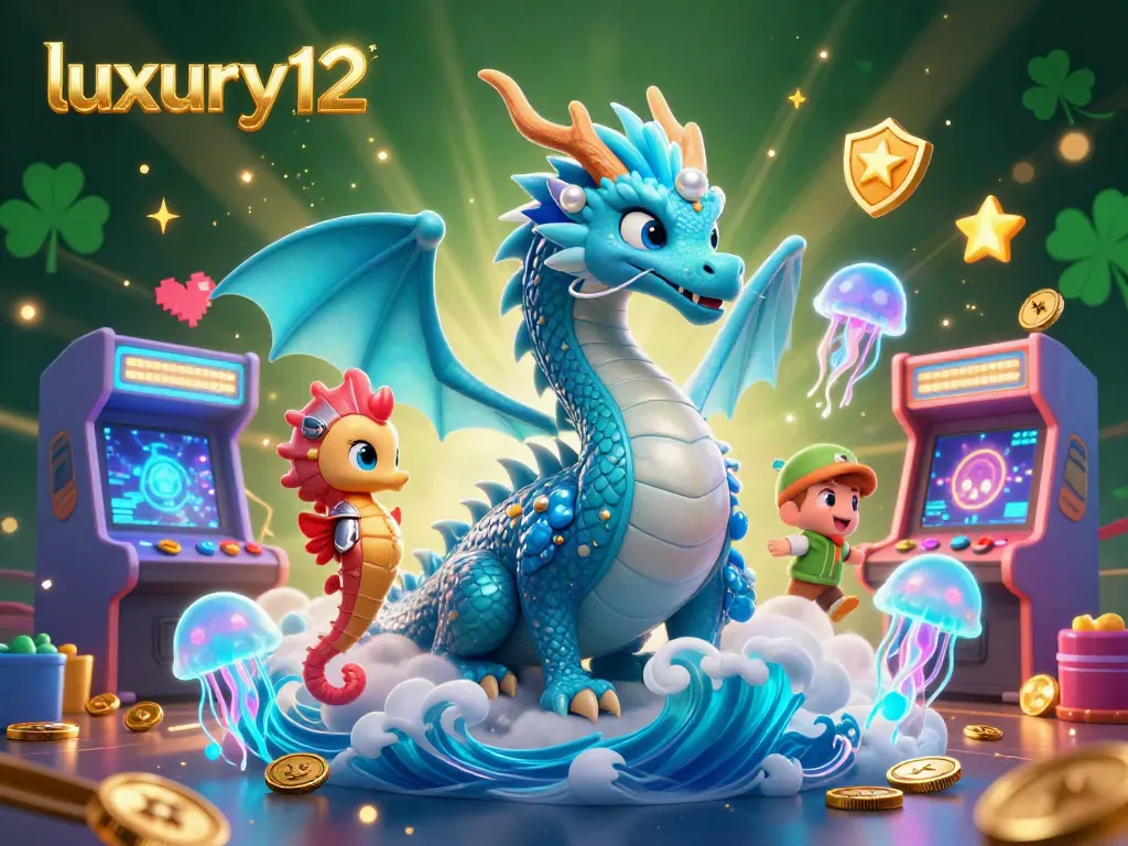 Experience excitement with luxury12 in this vibrant 3D illustration showcasing a dragon, knight, and jellyfish amidst arcade games and casino elements.