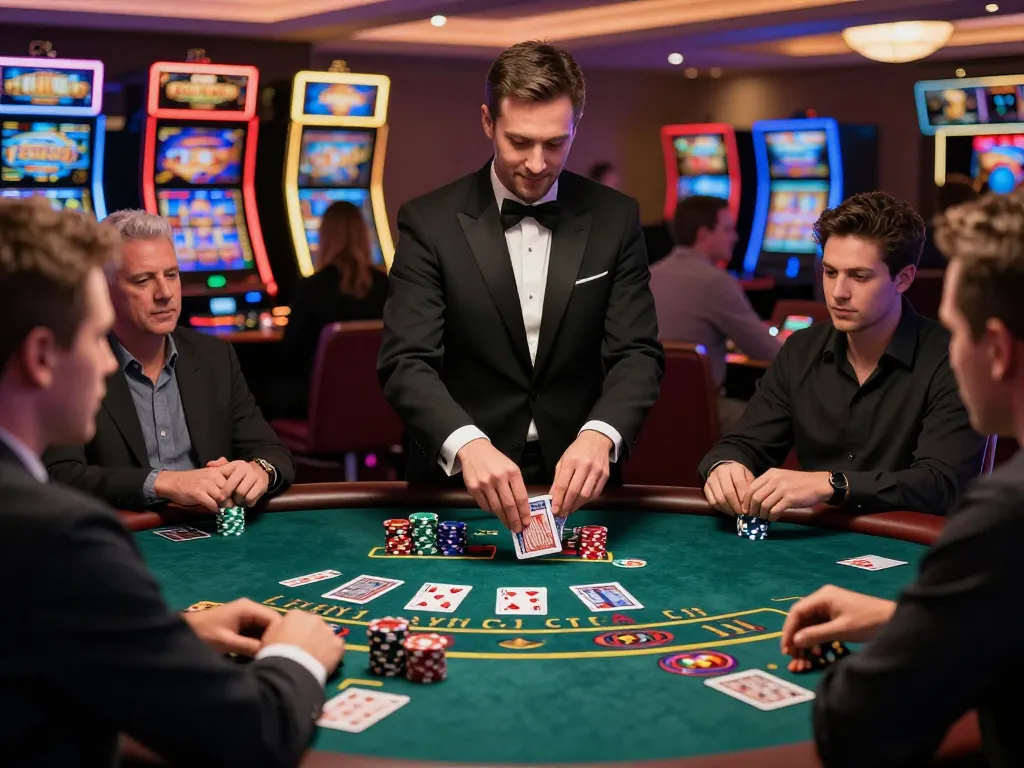 Players enjoy a thrilling blackjack game at CM88, with dealers shuffling cards and chips stacked high.