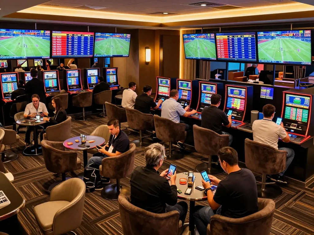 Tỷ lệ kèo nhà cái hôm nay showcased in a lively sports betting lounge with bettors engaging with live odds.