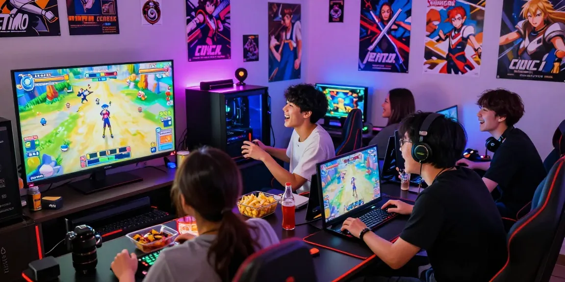 Friends playing hentaigame in a vibrant gaming room with snacks and LED lights.