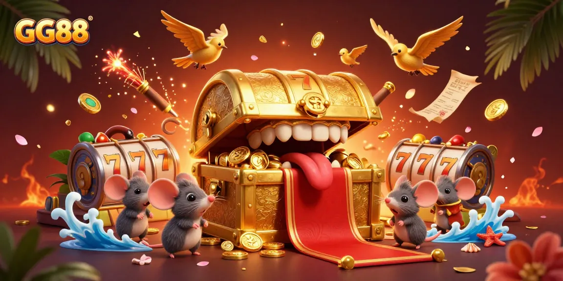 Attract adventurers with GG88's golden treasure chest amidst vibrant slot game elements.