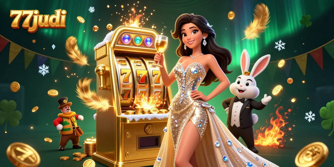 Players spin the jackpot at 77judi with a stunning woman celebrating beside a golden slot machine.