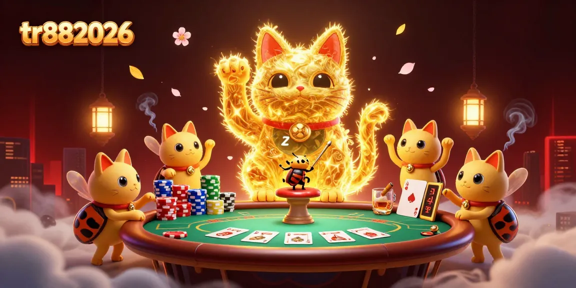 Experience tr882026's excitement with a lucky cat formed by fireflies, surrounded by poker chips and illuminating city lights.