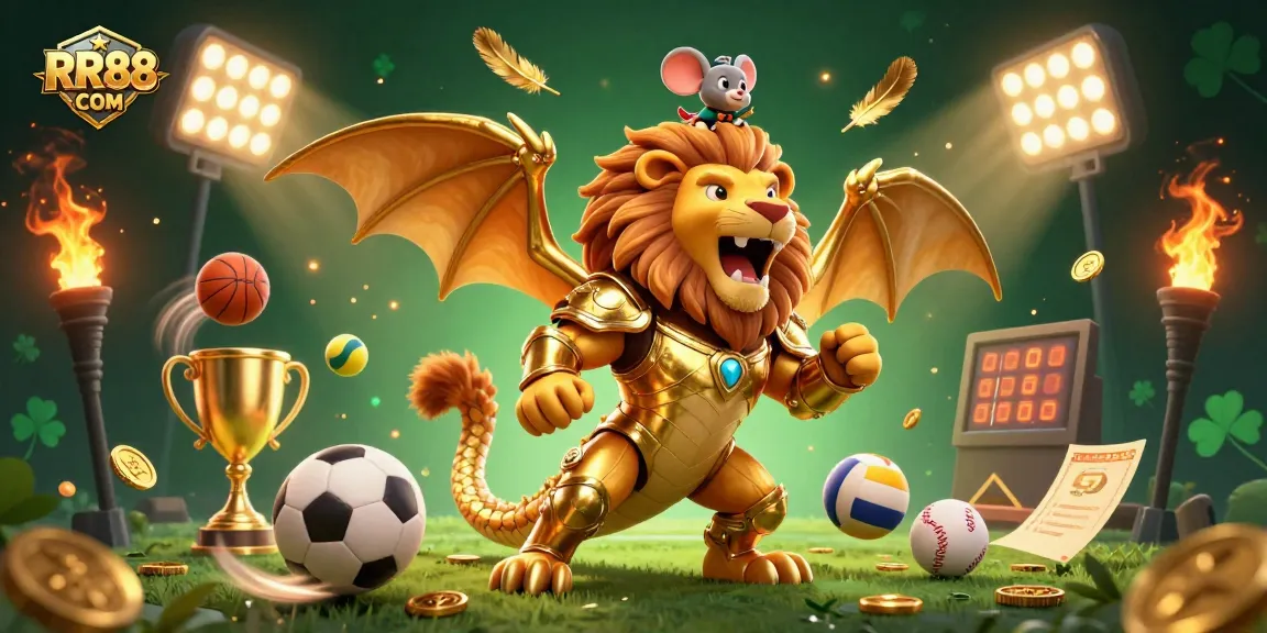 Experience captivating gaming action at RR88 COM with sports elements and a victorious chimera.