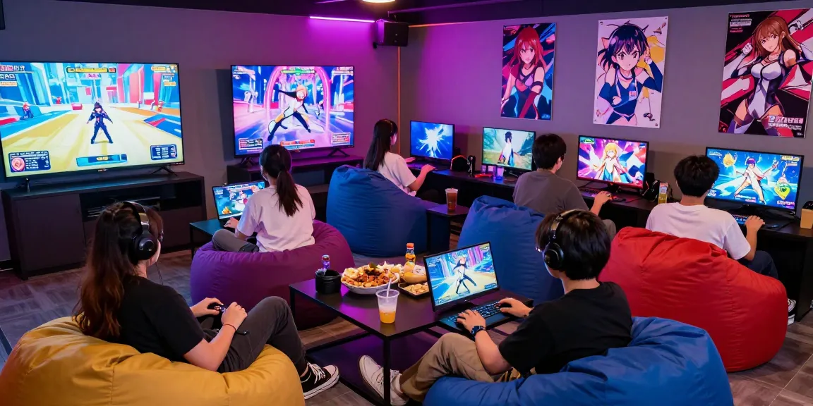 Players immersed in ecchi games at a colorful gaming lounge.