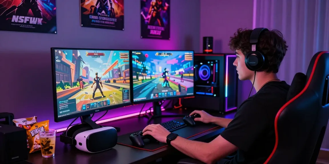 Immersive gaming setup featuring nsfw apk visuals, vibrant neon lights and gaming accessories.