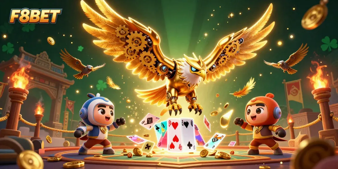 Experience thrilling bets at F8BET with an engaging 3D illustration featuring a golden eagle and vibrant gaming elements.