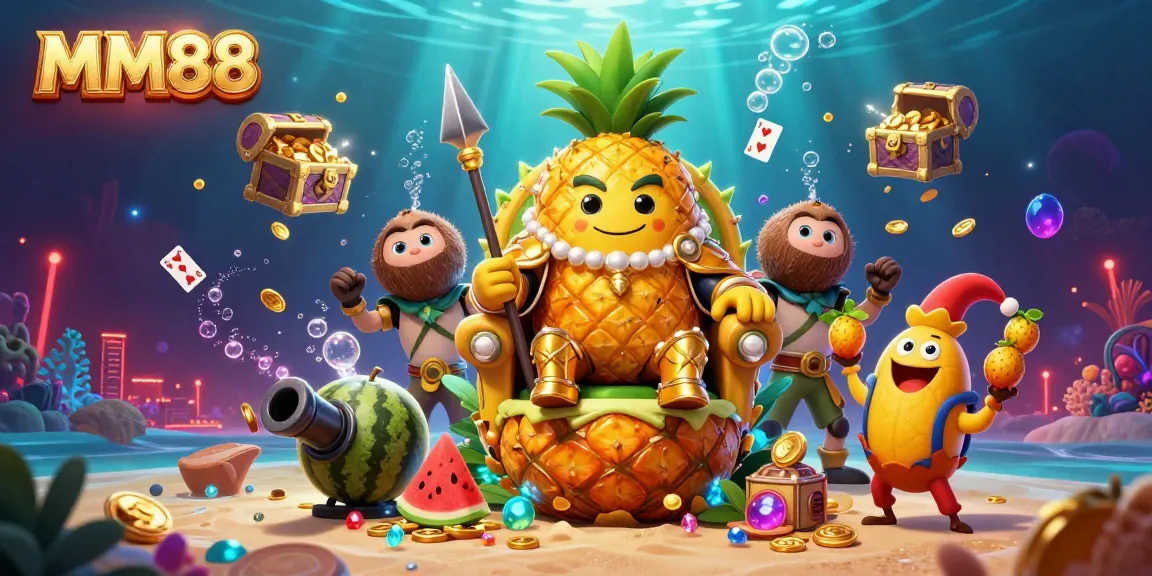 Engage with MM88's vibrant casino scene featuring a golden pineapple king, dynamic game elements, and dazzling treasures.