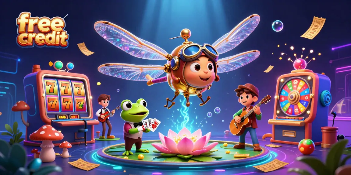 Engage with thrilling free credit as a dragonfly pilot oversees a dynamic lily pad casino scene.