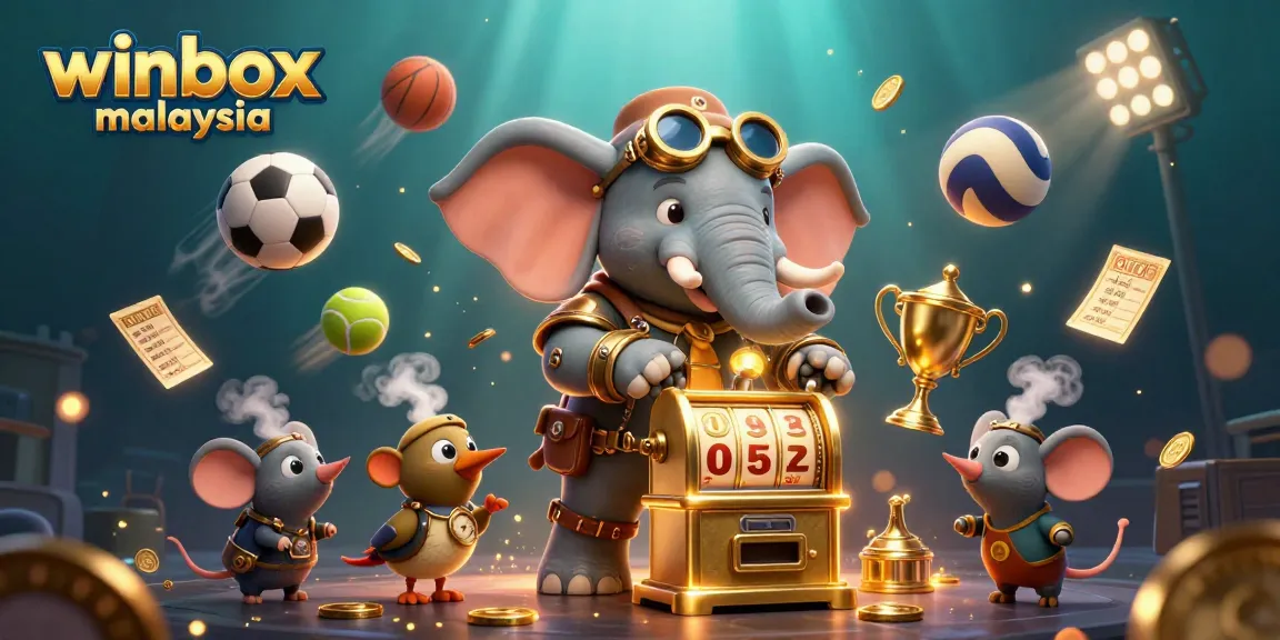 Winbox Malaysia features a steampunk elephant operating a slot machine amidst vibrant casino elements.