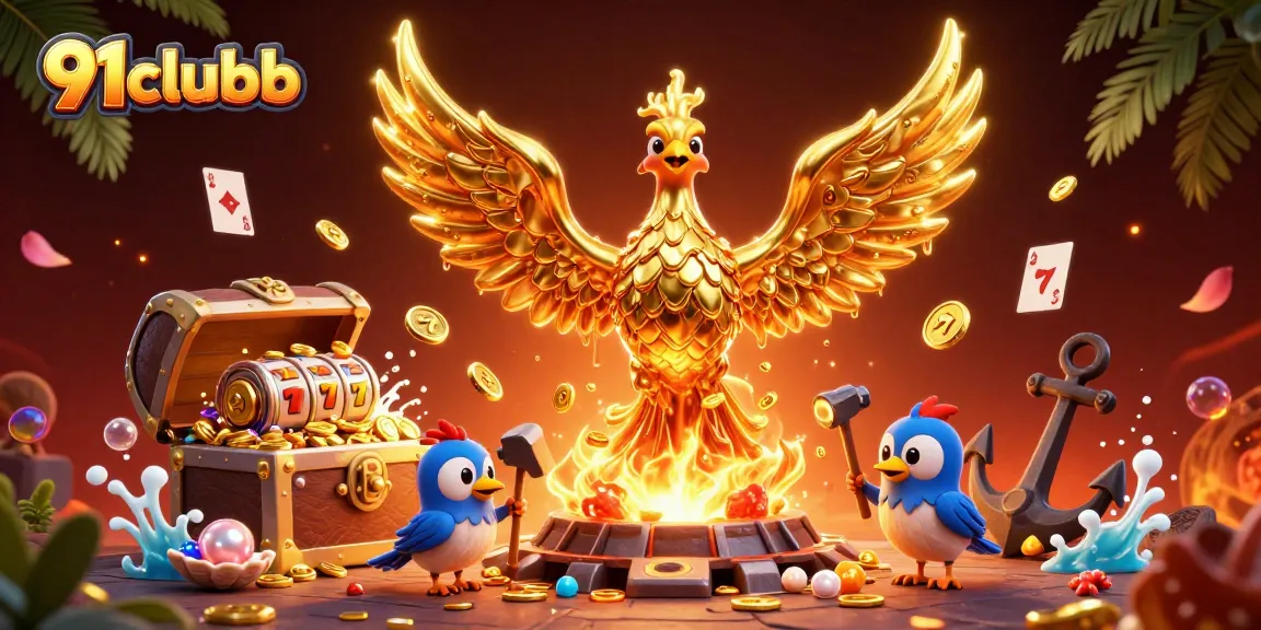Engage with the 91clubb gaming experience through a vibrant casino scene featuring a molten phoenix.