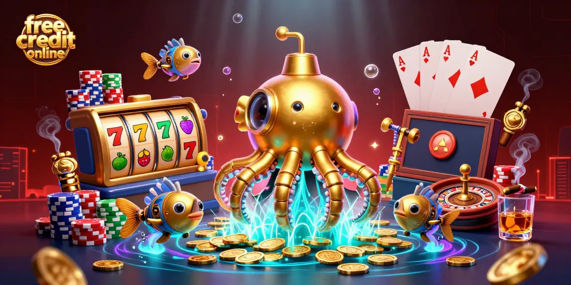 Navigate free credit online offers with vibrant casino elements and a golden kraken submarine.