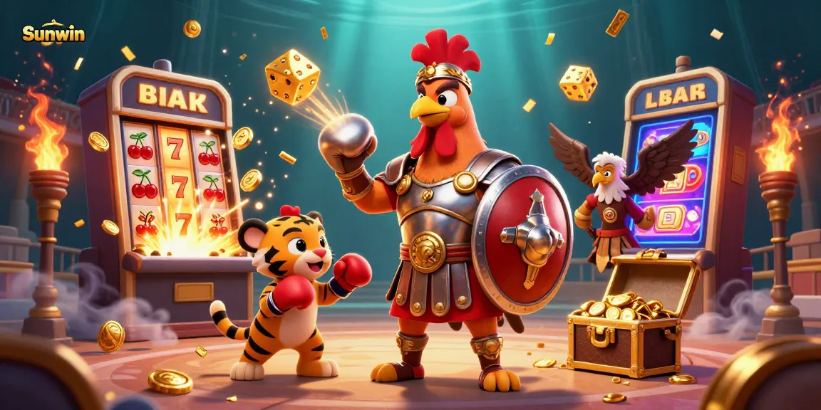 Sunwin captivates players with a dynamic illustration of a gladiator rooster amidst captivating casino elements, showcasing vibrant energy.